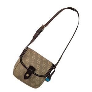 DOONEY & BOURKE! BROWN GENUINE LEATHER, BROWN & CREAM MONOGRAM PURSE, CROSSBODY!